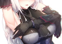 Rule 34 | 1girl, arknights, arm up, armpits, bare shoulders, black gloves, blush, breasts, close-up, detached sleeves, gloves, highres, large breasts, leria v, long hair, necktie, presenting armpit, shirt, simple background, skadi (arknights), solo, water drop, wet, white background, white hair