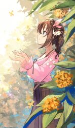Rule 34 | 1girl, belt, blue eyes, brown hair, brown skirt, camisole, commentary, cowboy shot, falling leaves, frilled camisole, frills, from side, gold osmanthus, hair between eyes, hair ornament, hairclip, highres, hololive, layered skirt, leaf, long hair, long skirt, long sleeves, looking at object, official alternate costume, official alternate hair length, official alternate hairstyle, paid reward available, pink shirt, profile, shirt, side ponytail, sidelocks, skirt, solo, star (symbol), star hair ornament, tokino sora, tokino sora (casual), virtual youtuber, wavy hair, white camisole, xyunx