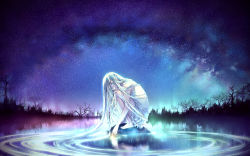 Rule 34 | 1girl, absurdly long hair, aqua eyes, artist name, bare arms, bare legs, bare tree, barefoot, blue eyes, dress, eyelashes, from side, glowing, glowing eyes, hair flowing over, head rest, lake, long hair, looking at viewer, looking to the side, milky way, night, night sky, original, outdoors, reflection, ripples, rock, scenery, silver hair, sky, sleeveless, sleeveless dress, solo, squatting, star (sky), starry sky, sundress, tree, very long hair, water, watermark, web address, white dress, yuumei