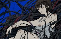 Rule 34 | 1girl, annyeong (digye ), blue background, brown eyes, brown hair, cable, highres, iwakura lain, looking to the side, serial experiments lain, shirt, short hair, sitting, sketch, sleeveless, sleeveless shirt, solo, tank top, too many, white tank top