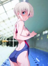 Rule 34 | 10s, 1girl, alternate costume, arms at sides, ass, backless outfit, bare arms, bare legs, bare shoulders, blue eyes, blurry, blurry background, blush, breasts, clothes pull, competition swimsuit, cowboy shot, depth of field, from behind, hair between eyes, highres, indoors, kantai collection, kurihara kenshirou, lips, looking at viewer, one-piece swimsuit, one-piece swimsuit pull, open mouth, pool, pulled by self, short hair, sideboob, silver hair, small breasts, solo, standing, swimsuit, thighs, wet, z1 leberecht maass (kancolle)