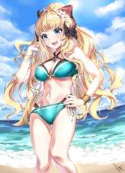 Rule 34 | 1girl, absurdres, acuma, aqua bikini, bikini, black bow, blonde hair, blue eyes, blush, bow, breasts, elf, flower, hair bow, hair flower, hair ornament, highres, large breasts, layered bikini, long hair, looking at viewer, open mouth, pointy ears, ponytail, princess connect!, saren (princess connect!), saren (summer) (princess connect!), smile, solo, swimsuit
