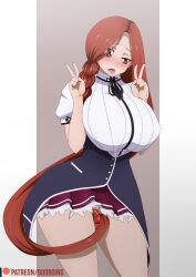 Rule 34 | 1girl, ahegao, alternate costume, artist name, breast focus, breast tattoo, breasts, chest tattoo, clothes lift, curvy, dildo, double v, dress, elbow gloves, fairy tail, female focus, flare corona, gloves, hand on own hip, high school dxd, highres, huge breasts, kuoh academy school uniform, lipstick, long hair, looking at viewer, makeup, masturbation, matching hair/eyes, navel, no panties, red eyes, red hair, revealing clothes, sex toy, shiny skin, solo, standing, tattoo, thick thighs, thighs, underwear, v, very long hair, wide hips