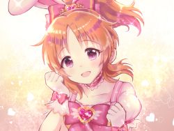 Rule 34 | 1girl, abe nana, animal ears, blush, bow, brooch, choker, eyebrows, gloves, hair bow, heart, highres, idolmaster, idolmaster cinderella girls, idolmaster cinderella girls starlight stage, jewelry, looking at viewer, magical girl, mugi (user khzh5853), open mouth, orange hair, pink bow, pink choker, pink eyes, ponytail, rabbit-shaped pupils, rabbit ears, short hair, smile, solo, symbol-shaped pupils, upper body, white gloves