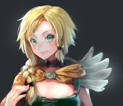 Rule 34 | 1girl, bianca (dq5), blonde hair, braid, cape, commentary request, dragon quest, dragon quest v, dress, feathers, green dress, green eyes, hair over shoulder, long hair, looking at viewer, single braid, smile, solo, starry babe, upper body, white feathers