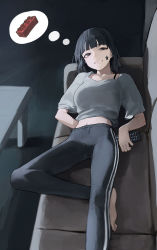 Rule 34 | 1girl, absurdres, barefoot, black eyes, black hair, black pants, blouse, blunt bangs, bra strap, breasts, clenched teeth, collarbone, controller, couch, facepaint, grey shirt, highres, holding, lego brick, looking at viewer, lying, mac star, medium breasts, midriff peek, navel, on back, on couch, original, pants, parted lips, remote control, shirt, short hair, short sleeves, solo, star (symbol), table, teeth, thought bubble, yoga pants