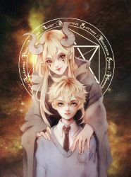 Rule 34 | 1boy, 1girl, blonde hair, blue sweater, brown eyes, brown neckwear, collared shirt, demon girl, demon horns, empty eyes, facepaint, hair between eyes, highres, horns, kagamine len, lily (vocaloid), long hair, long sleeves, looking at viewer, magical girl, nail polish, necktie, pointy ears, robe, sanpaku, shirt, smile, sweater, tency, upper body, vocaloid, white nails, white shirt