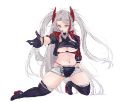 Rule 34 | 1girl, azur lane, belt, boots, breasts, clothing cutout, cropped shirt, earpiece, gloves, half gloves, headgear, high heels, jacket, large breasts, long hair, looking at viewer, microskirt, midriff, multicolored hair, navel, official alternate costume, open clothes, open jacket, outstretched arm, panties, panty straps, prinz eugen (azur lane), prinz eugen (final lap) (azur lane), purple footwear, purple gloves, purple jacket, race queen, red hair, red panties, shika (shika0), simple background, skirt, solo, streaked hair, thigh boots, thighhighs, two-tone hair, two-tone skirt, underboob, underboob cutout, underwear, very long hair, white background, white belt, white hair, yellow eyes, zipper