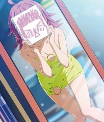 Rule 34 | &gt; &lt;, 1girl, bare shoulders, breasts, cleavage, dress, looking at mirror, looking at viewer, love live!, love live! nijigasaki high school idol club, love live! school idol festival all stars, mask, mirror, no bra, official art, pink hair, reflection, shy, small breasts, solo, standing, tennoji rina