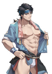 Rule 34 | 1boy, abs, absurdres, aussummer, bara, bare pectorals, black hair, blue eyes, blue headband, blue robe, bulge, character request, collarbone, commentary request, cowboy shot, facial hair, floral print, fundoshi, goatee, headband, highres, japanese clothes, large pectorals, light smile, looking at viewer, male focus, medium hair, muscular, muscular male, nipples, nose, onmyoji, open clothes, parted bangs, pectorals, robe, simple background, solo, standing, undressing, wristband