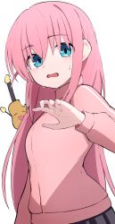 Rule 34 | 1girl, black skirt, blue eyes, blush, bocchi the rock!, commentary, gotoh hitori, hair between eyes, highres, jacket, long hair, long sleeves, open mouth, pink hair, pink jacket, simple background, skirt, solo, white background, yun (kbdenz9)