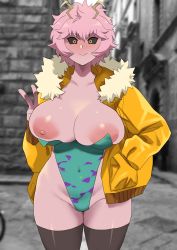 Rule 34 | 1girl, absurdres, alternate breast size, ashido mina, black sclera, blush, boku no hero academia, breasts, breasts out, cleavage, collarbone, colored sclera, colored skin, female focus, fur trim, highres, horns, huge breasts, jacket, leotard, looking at viewer, minakami (flyingman555), nipples, outdoors, pink hair, pink skin, short hair, smile, solo, thick thighs, thighhighs, thighs, yellow eyes