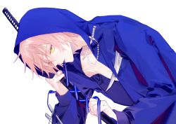 Rule 34 | 1boy, arumao, blue jacket, chinese commentary, commentary request, green eyes, hood, hooded jacket, jacket, katana, leaning forward, male focus, pink hair, sheath, sheathed, sword, upper body, vocaloid, vy2, weapon, white background