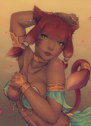 Rule 34 | 10s, 1girl, animal ears, armlet, armpits, arms up, bracelet, breasts, cat ears, cat tail, choker, dark-skinned female, dark skin, facial mark, final fantasy, final fantasy xiv, freckles, jewelry, lips, looking at viewer, miqo&#039;te, necklace, parted lips, red eyes, scar, short hair, slit pupils, solo, soranamae, tail, warrior of light (ff14), yellow eyes