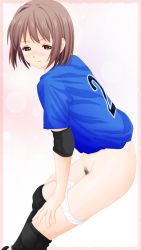 Rule 34 | 1girl, angry, bad id, bad pixiv id, bent over, black socks, blue shirt, blush, brown eyes, brown hair, bubble background, character request, copyright request, dedenden (pixiv30568724), elbow pads, hands on own thighs, highres, knee pads, kneehighs, looking at viewer, panties, panty pull, pee stain, pink background, pubic hair, shirt, shoes, short hair, short sleeves, socks, stain, stained clothes, stained panties, standing, underwear, white footwear, white panties
