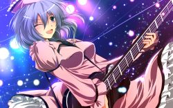 Rule 34 | 1girl, between breasts, blue hair, breasts, dress, guitar, hat, highres, instrument, juliet sleeves, large breasts, long sleeves, merlin prismriver, nekominase, one eye closed, open mouth, pink dress, pink eyes, playing instrument, puffy sleeves, smile, solo, stage lights, touhou, wink