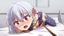 Rule 34 | 1girl, bare shoulders, bdsm, bed, blush, bondage, bound, crotch rope, fate/grand order, fate (series), hair ribbon, indoors, kama (fate), kama (first ascension) (fate), lying, open mouth, red eyes, ribbon, rope, shibari, silver hair, solo, tears