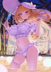 Rule 34 | 1girl, backlighting, bare shoulders, bikini, blonde hair, blue eyes, blush, breasts, champagne flute, collarbone, commentary, cup, drinking glass, evening, frilled bikini, frills, grin, hands up, hat, highres, large breasts, light blush, lina (michihasu), long hair, looking at viewer, michihasu, multicolored eyes, navel, original, outdoors, palm tree, partially submerged, pinky out, pool, see-through shawl, shawl, smile, solo, sun hat, swimsuit, thighs, tree, tropical drink, tsurime, white bikini, white hat