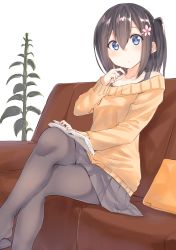 Rule 34 | 1girl, alternate hair ornament, bare shoulders, black hair, black pantyhose, blue eyes, book, breasts, casual, closed mouth, collarbone, couch, crossed legs, eyebrows, flower, grey skirt, hair between eyes, hair flower, hair ornament, hair tie, hairclip, highres, holding, holding book, indoors, kyoo-kyon (kyo-kyon), legs, long hair, long sleeves, looking at viewer, off-shoulder, off-shoulder sweater, off shoulder, open book, orange sweater, original, pantyhose, pink flower, plant, pleated skirt, reading, side ponytail, simple background, sitting, skirt, small breasts, solo, suzunari shizuku, sweater, white background, yuki arare