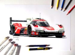 Rule 34 | absurdres, anthony-c, art tools in frame, artist name, car, colored pencil, colored pencil (medium), commentary, english commentary, highres, ink (medium), le mans prototype, michelin, michelin man, mobil1, motor vehicle, pen, pencil, photo (medium), porsche, porsche 963, puma (brand), race vehicle, racecar, radio antenna, shadow, simple background, spoiler (automobile), traditional media, vehicle focus, white background, world endurance championship