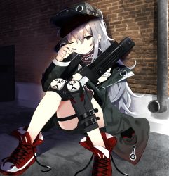 Rule 34 | 1girl, against wall, assault rifle, blush, brick wall, brown eyes, bullpup, caseless firearm, chamnaitu, commentary, full body, g11 (girls&#039; frontline), girls&#039; frontline, green jacket, gun, h&amp;k g11, hair between eyes, hat, highres, holding, holding weapon, horizontal magazine, jacket, knee pads, long hair, looking at viewer, open clothes, open mouth, outdoors, personification, prototype design, red footwear, rifle, rubbing eyes, shoelaces, silver hair, sitting, thigh strap, thighs, very long hair, weapon