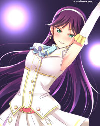 Rule 34 | 10s, 1girl, armpits, blush, dated, green eyes, highres, long hair, looking at viewer, love live!, love live! school idol project, mole, mole under eye, private wars, purple hair, smile, solo, song name, todo erena, yu-ta