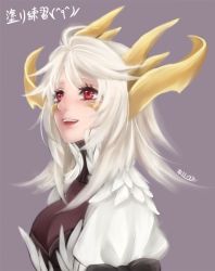 Rule 34 | 1girl, drag-on dragoon, drag-on dragoon 3, gender request, genderswap, horns, mikhail (drag-on dragoon), open mouth, personification, red eyes, shinzui (fantasysky7), short hair, simple background, smile, solo, white hair
