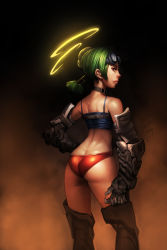 Rule 34 | 1girl, armor, ass, back, butt crack, goggles, green hair, halo, highres, original, panties, saejin oh, solo, tank top, thighhighs, underwear