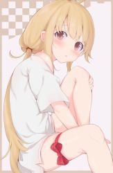 Rule 34 | 1girl, bare legs, barefoot, blonde hair, blush, bow, brown eyes, closed mouth, commentary request, futaba anzu, idolmaster, idolmaster cinderella girls, knee up, legs, long hair, looking at viewer, looking to the side, low twintails, off shoulder, ratsuku kinoko, red bow, shirt, short sleeves, sidelocks, sitting, solo, toenails, twintails, very long hair, white shirt