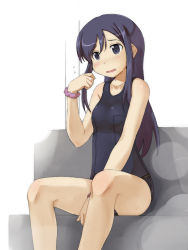 Rule 34 | 1girl, aragaki ayase, bare legs, bare shoulders, between legs, black eyes, black hair, blush, bracelet, breasts, collarbone, dot nose, feet out of frame, female focus, flying sweatdrops, hand between legs, hand up, itou ryuusei, jewelry, long hair, looking at viewer, nervous, one-piece swimsuit, open mouth, ore no imouto ga konna ni kawaii wake ga nai, purple scrunchie, sanbi, school swimsuit, scrunchie, shiny skin, sitting, small breasts, solo, sweatdrop, swimsuit, wavy mouth, wrist scrunchie, wristband