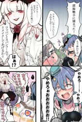 Rule 34 | 2girls, abyssal ship, armpits, blue hair, breasts, character request, comic, competition swimsuit, enemy naval mine (kancolle), garrison cap, grey eyes, hat, highres, kantai collection, karin bluez3, long hair, multiple girls, one-piece swimsuit, red eyes, scamp (kancolle), shorts, side ponytail, small breasts, swimsuit, translation request, two-tone one-piece swimsuit, white hair, white shorts