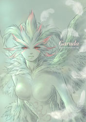 Rule 34 | 1girl, absurdres, breasts, character name, closed mouth, colored skin, copyright name, feathered wings, feathers, final fantasy, final fantasy xi, garuda (final fantasy), green background, green lips, green skin, green theme, green wings, harpy, highres, lips, looking at viewer, medium breasts, monster girl, no nipples, piyoco, red eyes, solo, wings