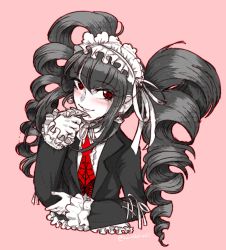 Rule 34 | 1girl, black jacket, celestia ludenberg, center frills, collared shirt, danganronpa: trigger happy havoc, danganronpa (series), drill hair, earrings, frilled jacket, frills, gothic lolita, hand up, highres, jacket, jewelry, lolita fashion, long hair, long sleeves, looking at viewer, necktie, open clothes, open jacket, pink background, red necktie, shirt, simple background, solo, twin drills, twinklelitchii, twintails