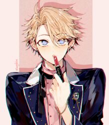 Rule 34 | 1boy, ahoge, aiguillette, androgynous, applying makeup, black ribbon, blonde hair, blue eyes, blue jacket, brooch, collared shirt, commentary request, cosmetics, ensemble stars!, holding, holding lipstick tube, jacket, jewelry, korean commentary, lapels, lipstick, lipstick tube, looking at viewer, makeup, male focus, narukami arashi, neck ribbon, open clothes, open jacket, open mouth, parted hair, pink background, pink shirt, ribbon, sapphire (nine), shirt, solo, two-tone background, upper body, white background, white trim, wing collar