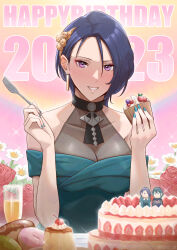 Rule 34 | 1girl, absurdres, bare shoulders, blue dress, blue hair, blue nails, breasts, byleth (fire emblem), byleth (male) (fire emblem), cake, cleavage, commentary request, cupcake, doughnut, dress, fire emblem, fire emblem: three houses, food, fork, furo atsushi, grin, hands up, happy birthday, highres, holding, holding fork, large breasts, looking at viewer, nail polish, nintendo, off-shoulder dress, off shoulder, purple eyes, shamir nevrand, short hair, smile, solo, upper body