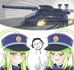 Rule 34 | 1boy, 2girls, :d, artillery, blue archive, commentary, dangle earrings, densha de d, doodle sensei (blue archive), drifting, earrings, english commentary, fang, gloves, green hair, hair between eyes, halo, hat, highres, hikari (blue archive), jewelry, long hair, long sleeves, looking at viewer, meme, multi-track drifting (meme), multiple girls, nozomi (blue archive), open mouth, parody, peaked cap, pointy ears, railroad tracks, railway gun, schwerer gustav, self-propelled artillery, sensei (blue archive), shrike2743, siblings, sidelocks, simple background, smile, sweatdrop, thick eyebrows, train conductor, turret, twins, twintails, v, v-shaped eyebrows, white gloves, yellow eyes