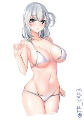Rule 34 | 1girl, alternate costume, bare shoulders, bikini, blush, breasts, cleavage, commentary request, cowboy shot, cropped legs, grey eyes, grey hair, groin, highres, kantai collection, large breasts, looking at viewer, medium hair, navel, one-hour drawing challenge, parted lips, simple background, solo, suzutsuki (kancolle), swimsuit, tf cafe, twitter username, white background, white bikini
