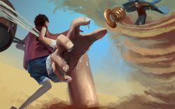 Rule 34 | 2boys, alabasta, amputee, ascot, barrel, crocodile (one piece), fighting, jacket on shoulder, male focus, monkey d. luffy, multiple boys, one piece, pirate, red vest, rubber, sand, shorts, stretching, vest, water