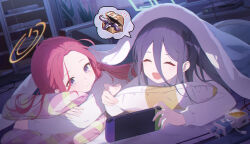 Rule 34 | 2girls, absurdly long hair, absurdres, aris (blue archive), black hair, blue archive, closed eyes, closed mouth, green halo, halo, highres, indoors, long hair, long sleeves, lying, multiple girls, nintendo switch, on stomach, open mouth, orange halo, purple eyes, red hair, smile, soeyumi, very long hair, yuzu (blue archive)
