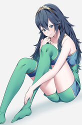 Rule 34 | 1girl, ameno (a meno0), bare arms, blue eyes, blue hair, closed mouth, fire emblem, fire emblem awakening, green thighhighs, hairband, lucina (fire emblem), mismatched pupils, nintendo, no shoes, simple background, sitting, solo, thighhighs, thighs, tiara