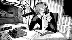 Rule 34 | &gt; &lt;, 1other, animal, bespectacled, chair, elbow rest, fang, glasses, greyscale, hair between eyes, headphones, highres, holding, holding paper, long sleeves, microphone, monochrome, nail polish, nijisanji, open mouth, panda, paper, pen, pop filter, recording studio, ryuushen, sitting, skin fang, studio microphone, virtual youtuber, watch, wristwatch, yuioni