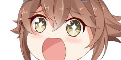 Rule 34 | + +, 10s, 1girl, brown hair, close-up, green eyes, hair between eyes, headgear, kantai collection, looking at viewer, mutsu (kancolle), nahaki, open mouth, portrait, short hair, simple background, sin-poi, solo, sparkling eyes, symbol-shaped pupils, white background