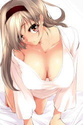 Rule 34 | 1girl, all fours, blush, breasts, brown eyes, brown hair, cleavage, downblouse, hairband, hanging breasts, highres, large breasts, long hair, matsuno canel, no bra, open mouth, original, simple background, solo, sweat, white background