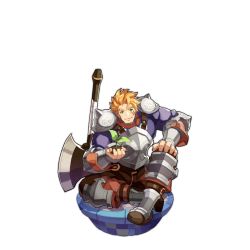 Rule 34 | 1boy, armor, axe, blonde hair, closed mouth, dragalia lost, full body, green eyes, holding, crossed legs, looking at viewer, male focus, non-web source, official art, plant, rex (dragalia lost), saitou naoki, scar, scar on face, sitting, smile, solo, transparent background, weapon