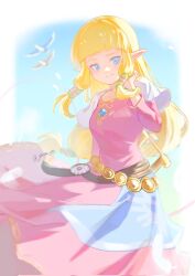 Rule 34 | 1girl, bird, blonde hair, blue eyes, breasts, capelet, commentary, corrupted twitter file, dress, highres, jewelry, long dress, long hair, low-tied long hair, low-tied sidelocks, medium breasts, nintendo, pink dress, pointy ears, princess zelda, signature, solo, the legend of zelda, the legend of zelda: skyward sword, very long hair, white capelet, yun (dl2n5c7kbh8ihcx)