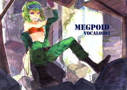 Rule 34 | 1girl, bad id, bad pixiv id, belt, blue eyes, boots, clenched teeth, gloves, goggles, goggles on head, green hair, gumi, highres, mouth hold, off shoulder, short hair, solo, soono (rlagpfl), strapless, teeth, tube top, vocaloid