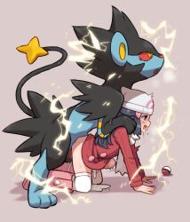 Rule 34 | 1girl, all fours, beanie, bestiality, black fur, blue hair, censored, chiwino, clothed sex, coat, creatures (company), cum, cum overflow, dawn (pokemon), doggystyle, electricity, game freak, gen 4 pokemon, hair ornament, hairclip, hat, long hair, luxray, mosaic censoring, nintendo, open mouth, over-kneehighs, poke ball, poke ball (basic), poke ball print, pokemon, pokemon dppt, pokemon platinum, pokephilia, red coat, sex, sex from behind, stomach bulge, thighhighs, white headwear, white thighhighs