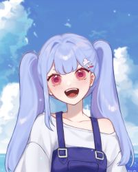 Rule 34 | 1girl, 3di project, :d, blue hair, blue sky, blunt bangs, cloud, collarbone, highres, light blue hair, maichle (mai chle30), open mouth, red eyes, short eyebrows, sky, smile, solo, teeth, thien (sky) (3di), twintails, virtual youtuber