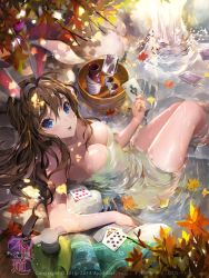 Rule 34 | 1girl, animal ears, autumn leaves, bare shoulders, blue eyes, breasts, brown hair, bucket, card, cleavage, dated, from above, furyou michi ~gang road~, hairband, highres, large breasts, long hair, naked towel, onsen, playing card, rabbit ears, rebecca myers, sitting, solo, tob, towel, water, wet, wooden bucket