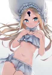 Rule 34 | 1girl, abigail williams (fate), abigail williams (swimsuit foreigner) (fate), abigail williams (swimsuit foreigner) (third ascension) (fate), bare shoulders, bikini, blonde hair, blue eyes, bow, breasts, fate/grand order, fate (series), forehead, hand on own chest, highres, keyhole, kure (kure ng), long hair, navel, parted bangs, small breasts, smile, solo, swimsuit, white bikini, white bow, white headwear
